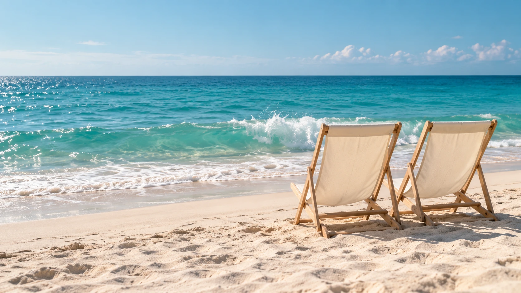 Two ivory beach chairs facing turquoise ocean waves on sunlit sand